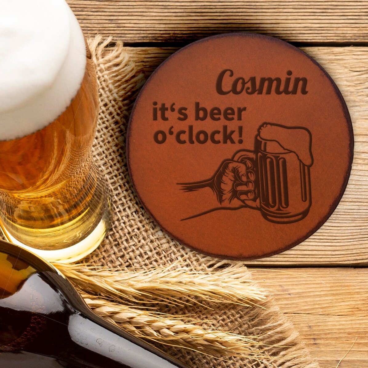 Personalised leather cup holder with text - It