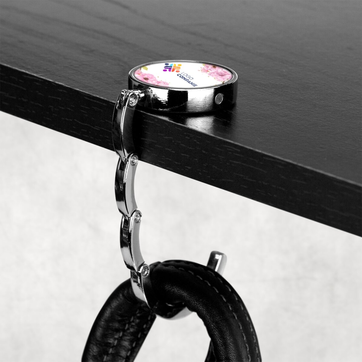 Personalised bag holder for table with logo and floral pattern