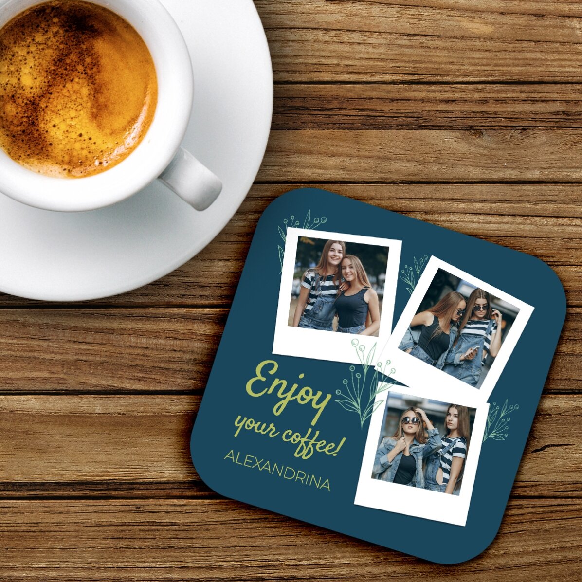 Spersonalizowany podstawka pod kubek z 3 zdjęciami i napisem – Enjoy your coffee