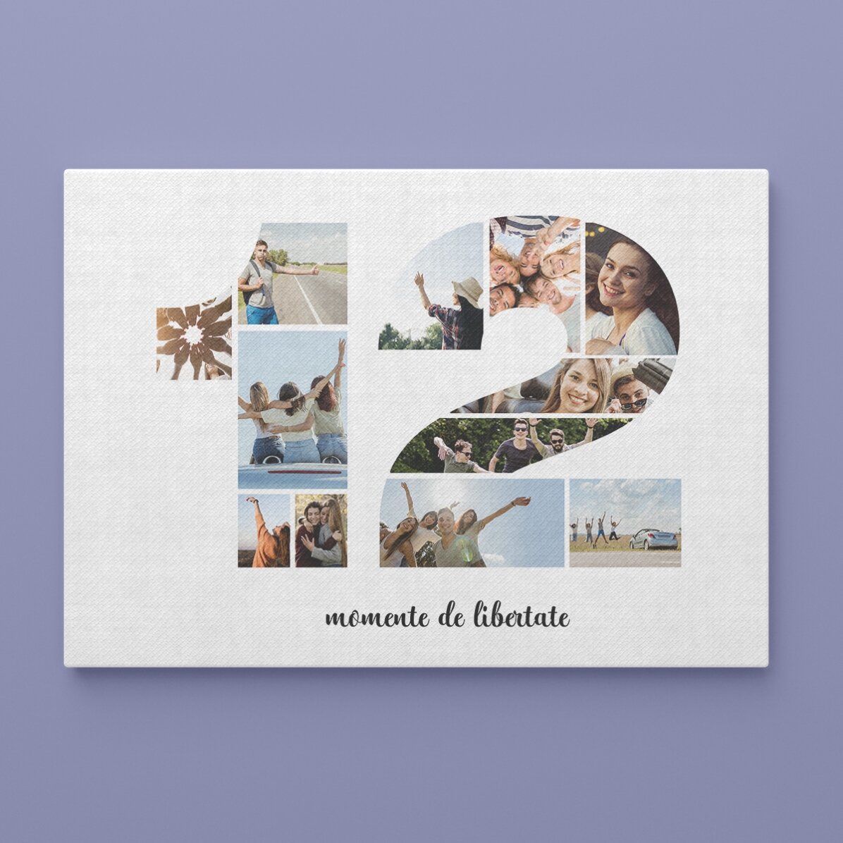 Personalised landscape canvas with 12 photos, model number 12 and text message