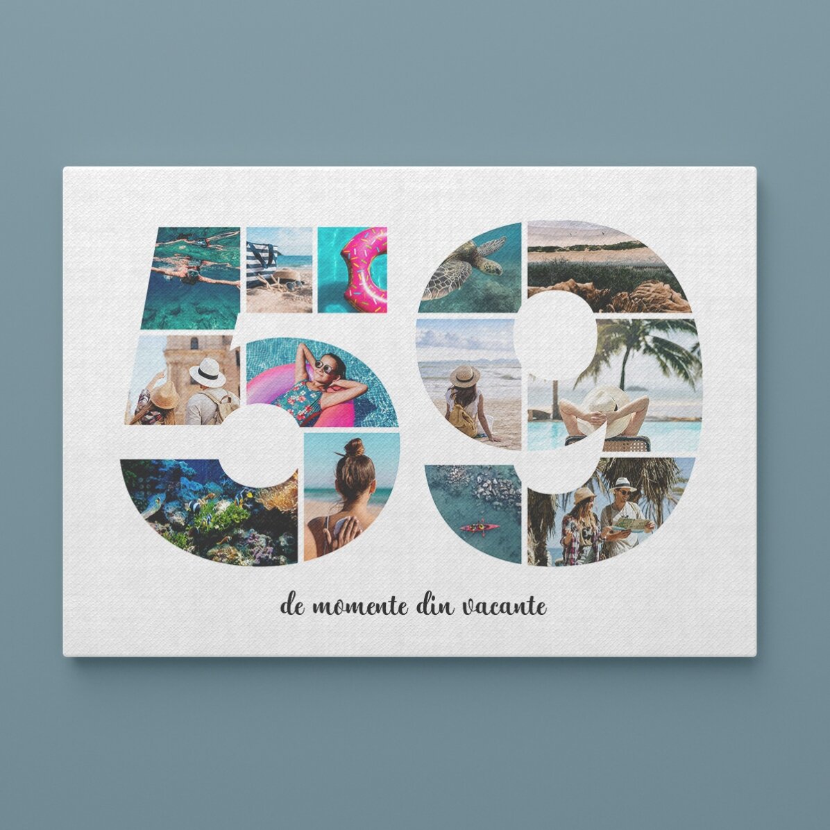 Personalised landscape canvas with 13 photos, model number 59, and text message
