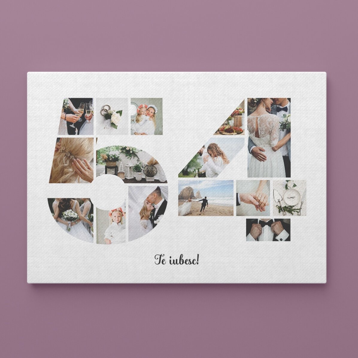 Personalised landscape canvas with 15 photos, model number 54, and text message