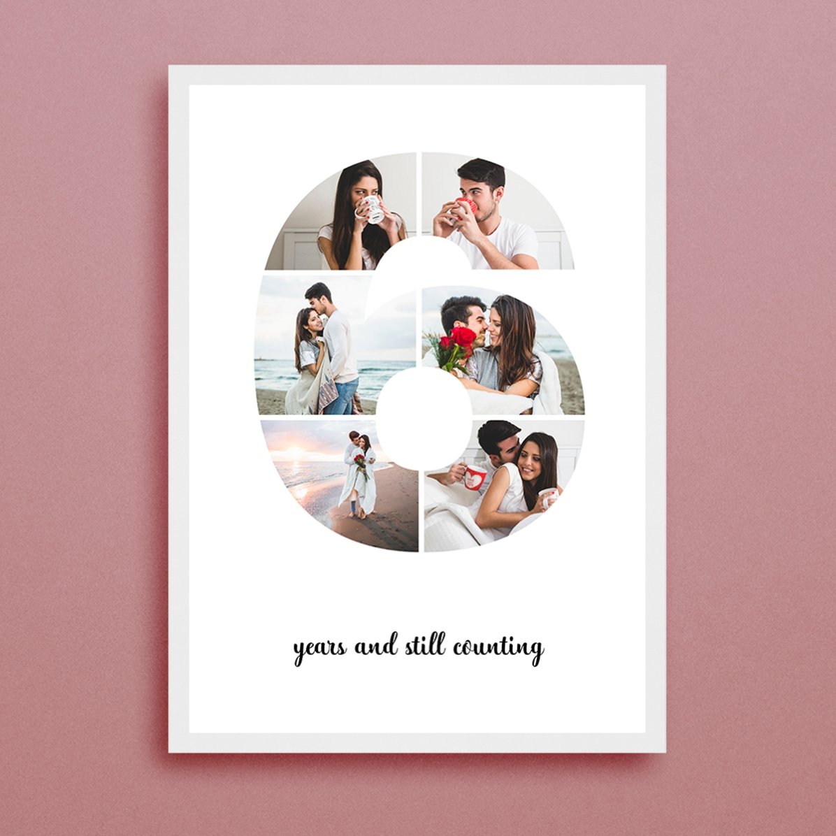 Personalised canvas with 6 photos, model number 6, and text message
