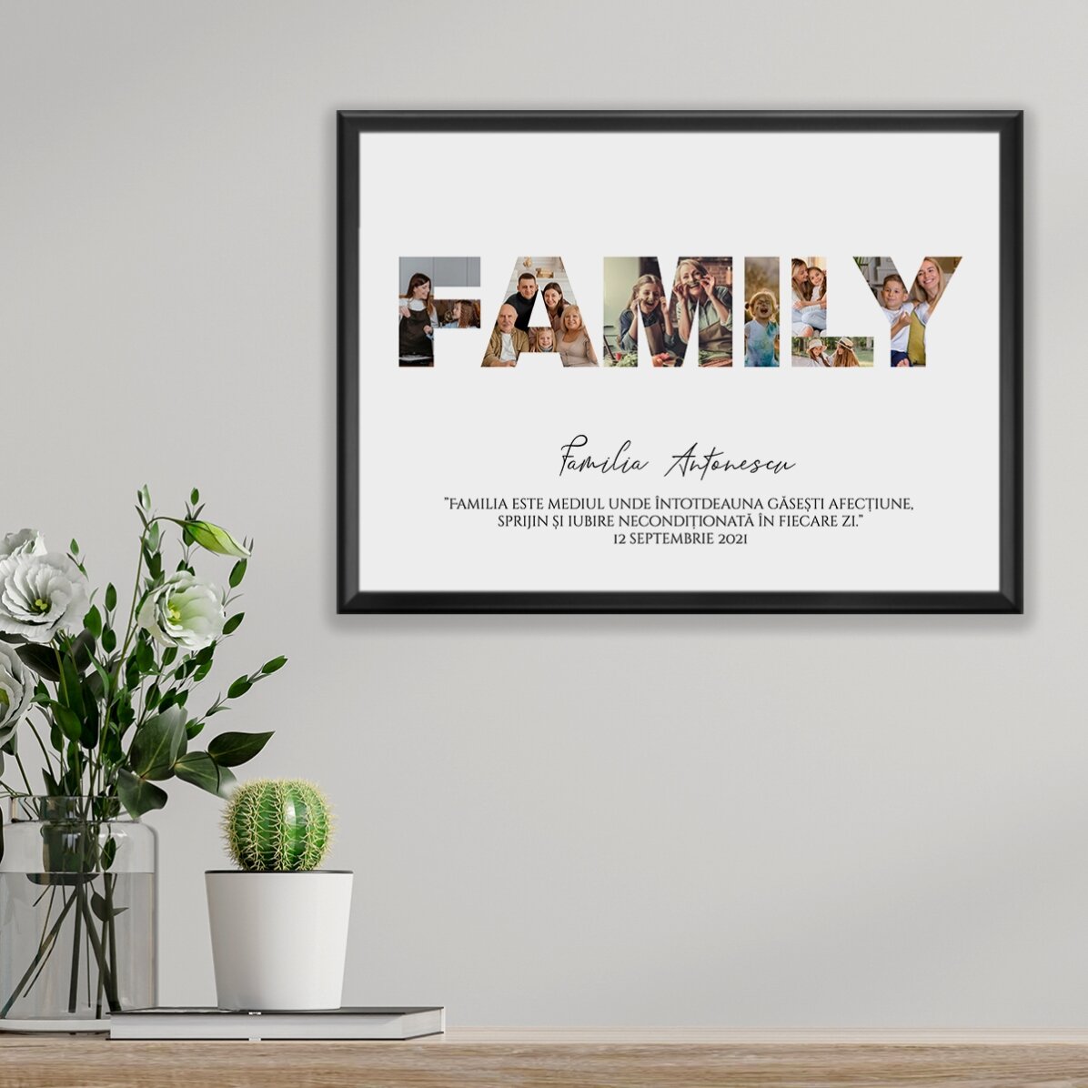 Spersonalizowany obraz w formacie poziomym z 7 zdjęciami i napisem – Family