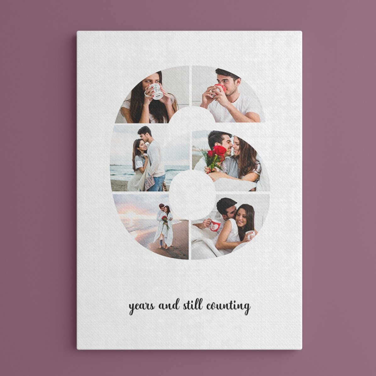 Personalised canvas with 6 photos, model number 6, and text message