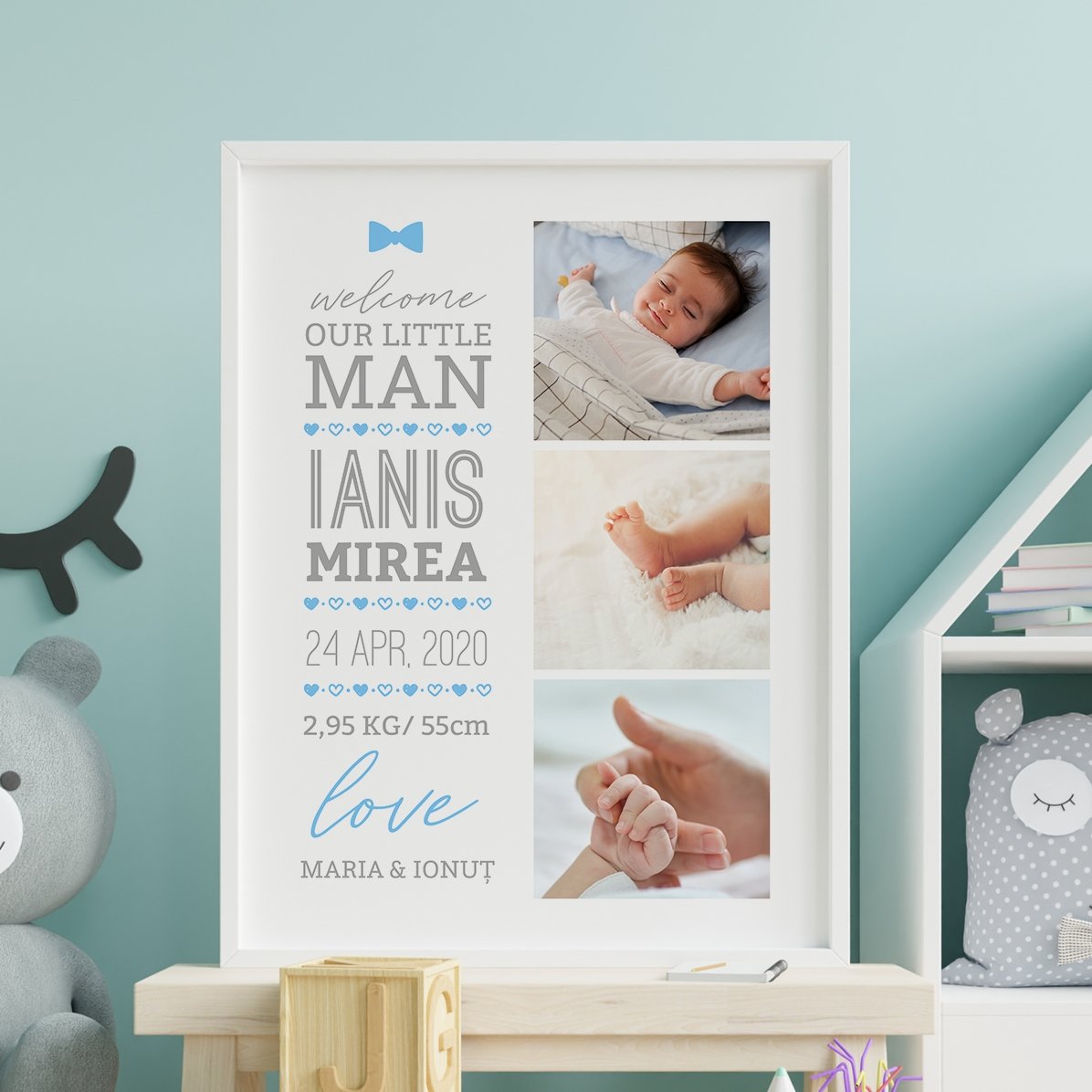 Spersonalizowany obrazek z napisem i 3 zdjęciami – Hello, baby (chłopiec)