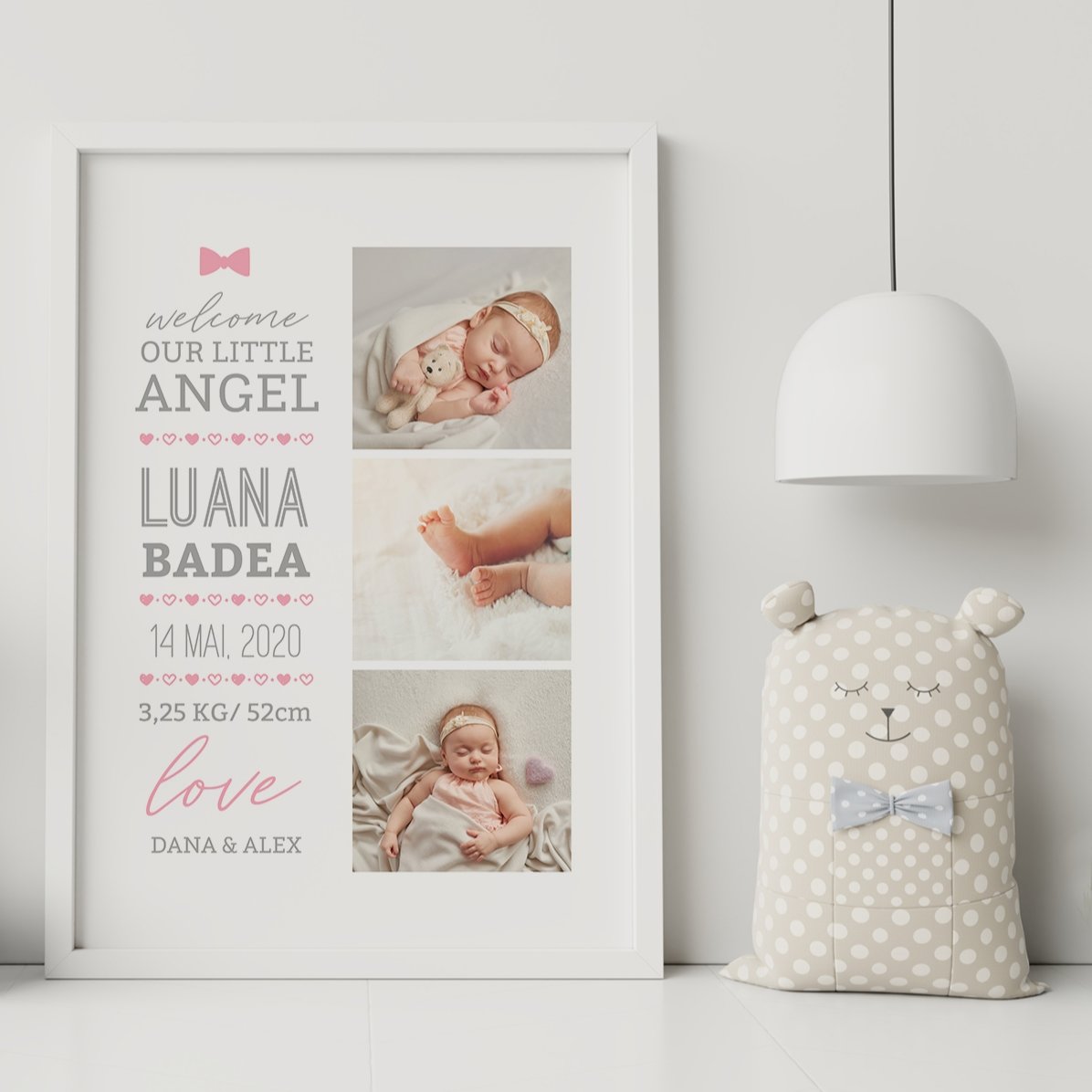 Spersonalizowany obrazek z napisem i 3 zdjęciami – Hello, baby (Dziewczynka)
