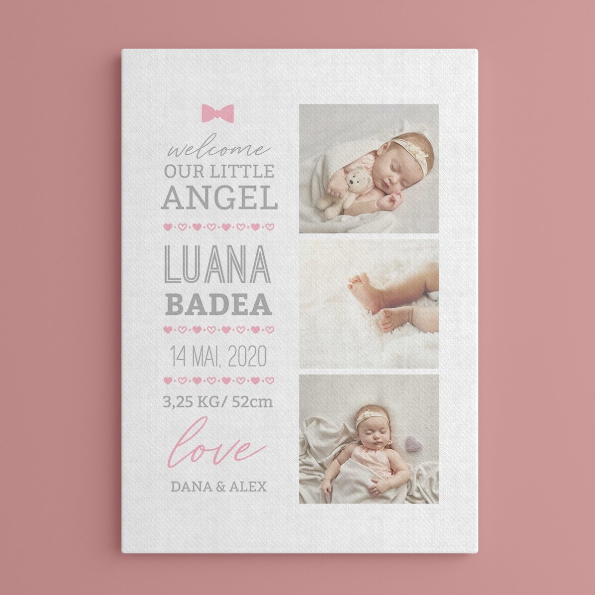 Spersonalizowany obrazek z napisem i 3 zdjęciami – Hello, baby (Dziewczynka)
