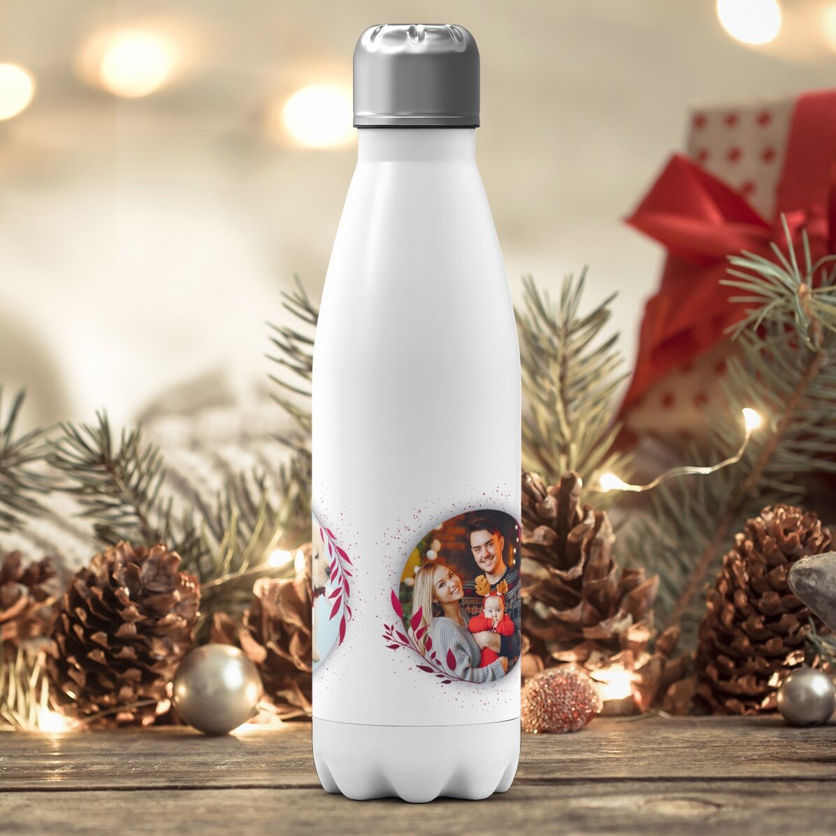 Termos z białą podstawą, spersonalizowany trzema zdjęciami – White Christmas