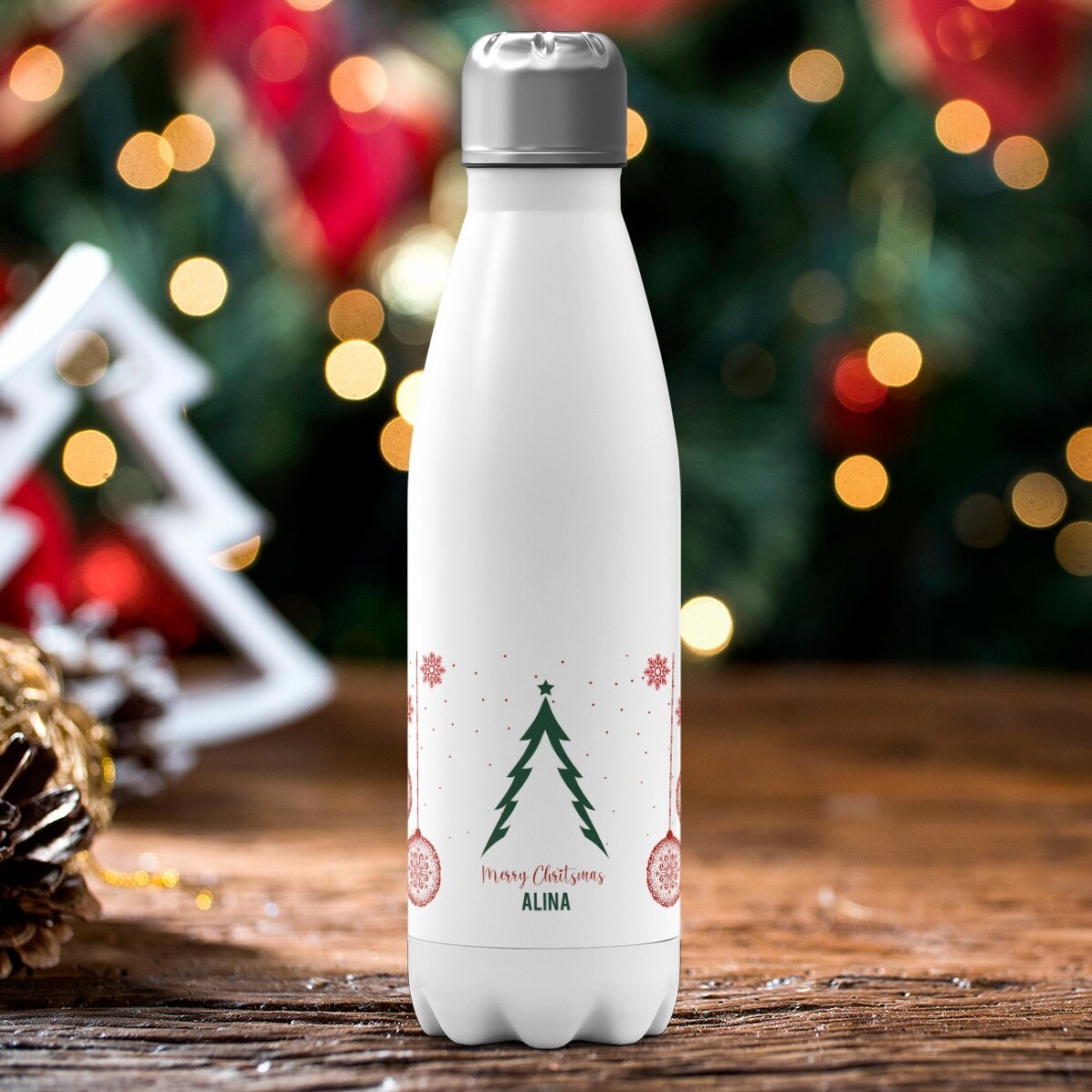 Termos z białą podstawą, spersonalizowany napisem – Christmas tree