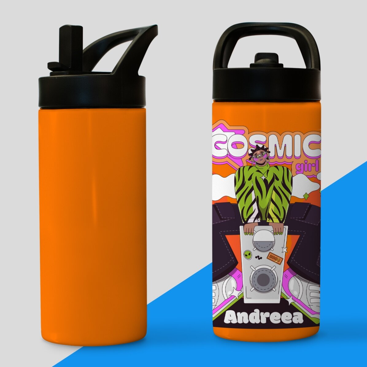 Thermos with handle and straw personalised with name - Cosmic Girl