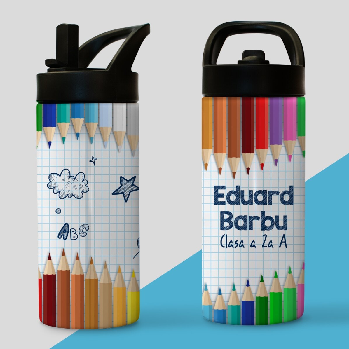 Thermos with handle and straw personalised with name - Coloured pencils