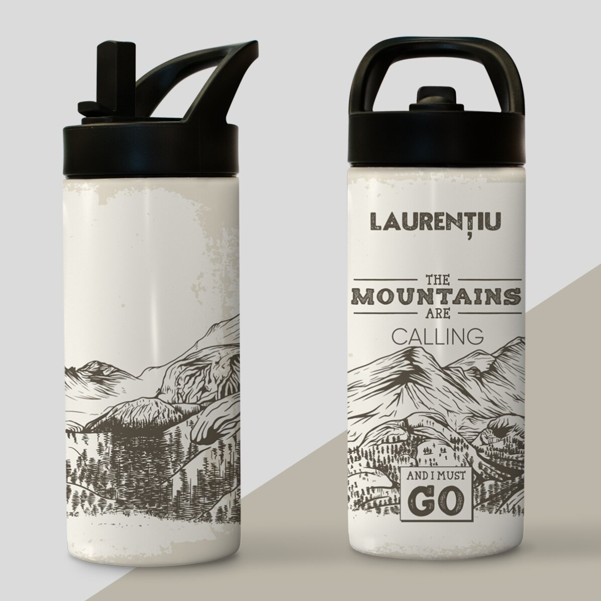 Termos z uchwytem i słomką, spersonalizowany imieniem – Mountains are calling