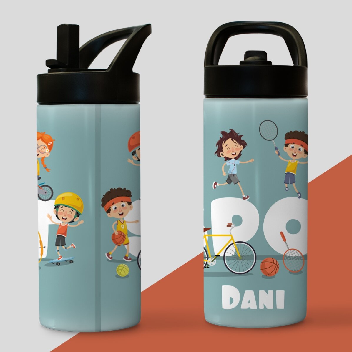Thermos with handle and straw personalised with name for children - Sport