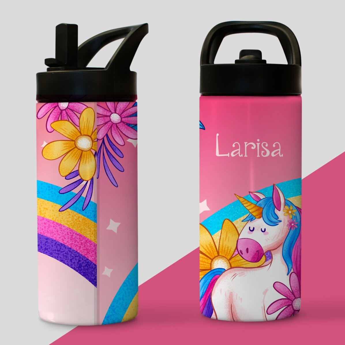 Thermos with handle and straw personalised with name for children - Unicorn
