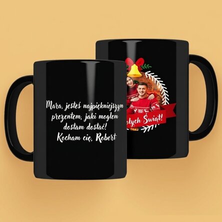 Spersonalizowany czarny kubek ze zdjęciem i napisem – Merry Christmas