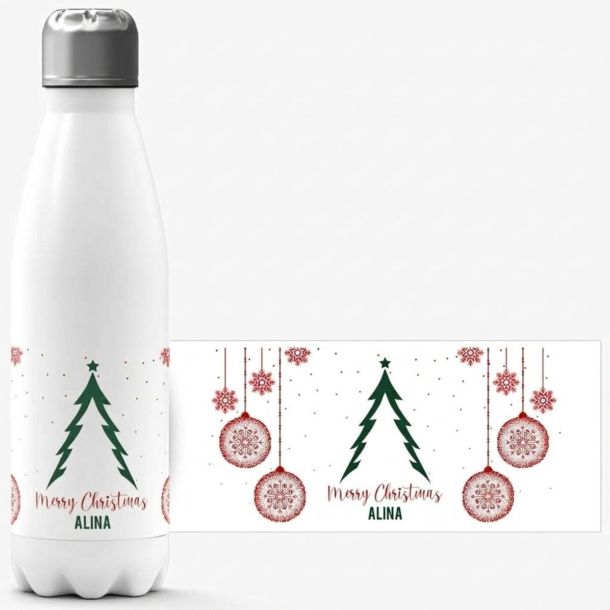 Termos z białą podstawą, spersonalizowany napisem – Christmas tree