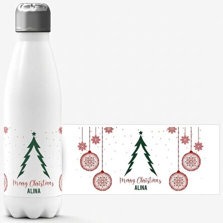 Thermos with white base personalised with text - Christmas tree