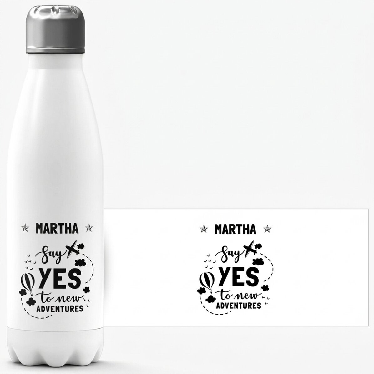 Termos z białą podstawą, spersonalizowany imieniem – New Adventures