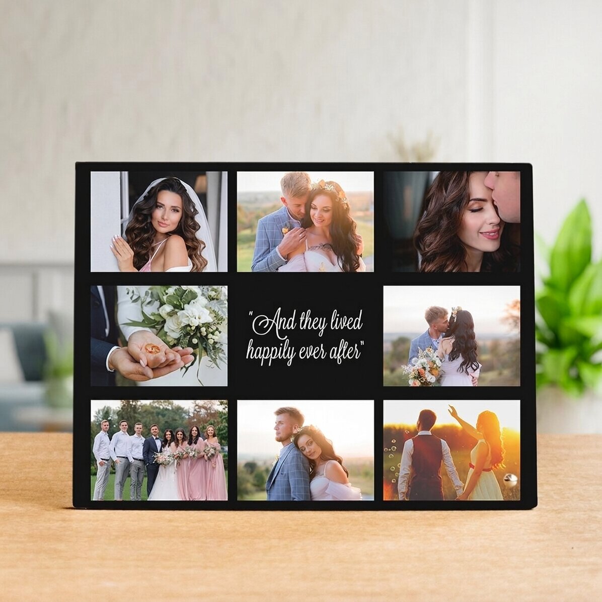 Spersonalizowana ramka na zdjęcia na biurko z 8 zdjęciami i napisem – „Happily Ever After”