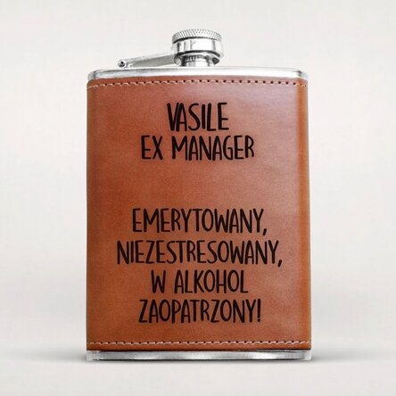 Spersonalizowana butelka kieszonkowa w skórzanym etui – Emeryt