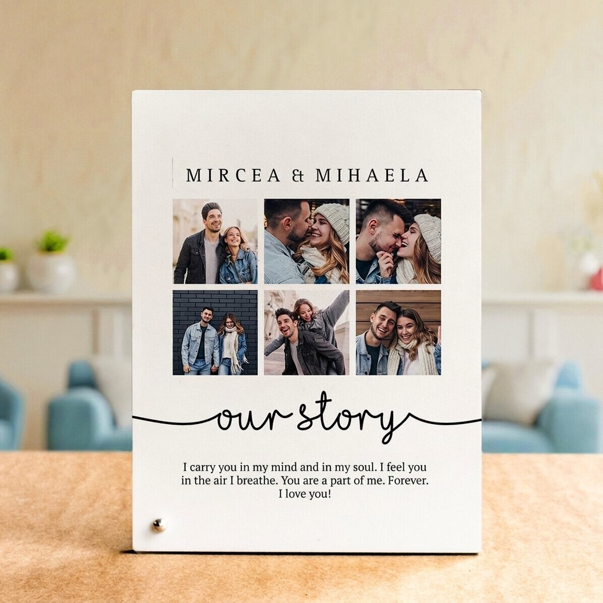 Spersonalizowana ramka na zdjęcia na biurko z 6 zdjęciami i napisem – „Our story”