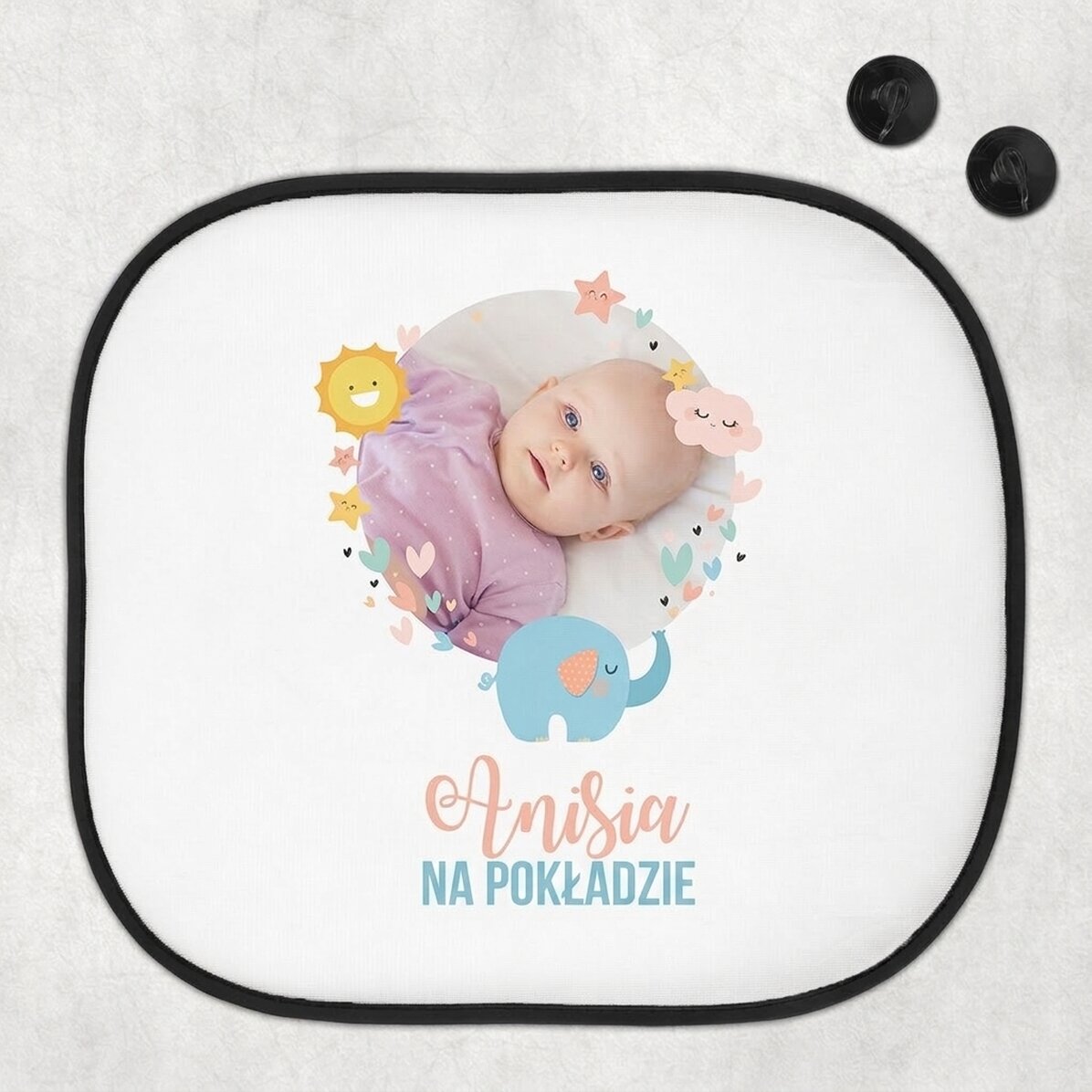 Spersonalizowana osłona przeciwsłoneczna do samochodu ze zdjęciem i napisem – „Baby on board”