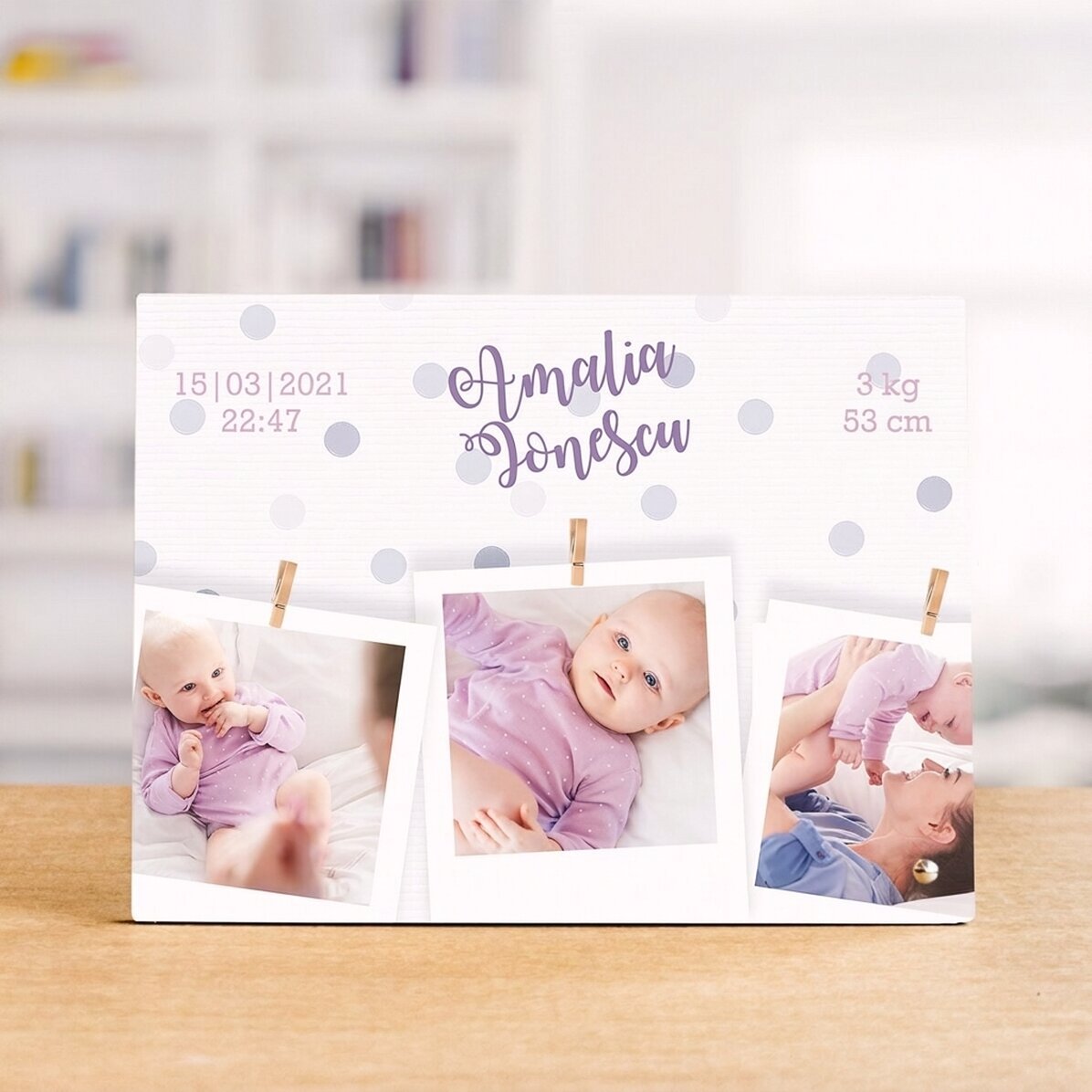 Spersonalizowana ramka na zdjęcia na biurko z 3 zdjęciami i napisem – „Welcome, baby!”
