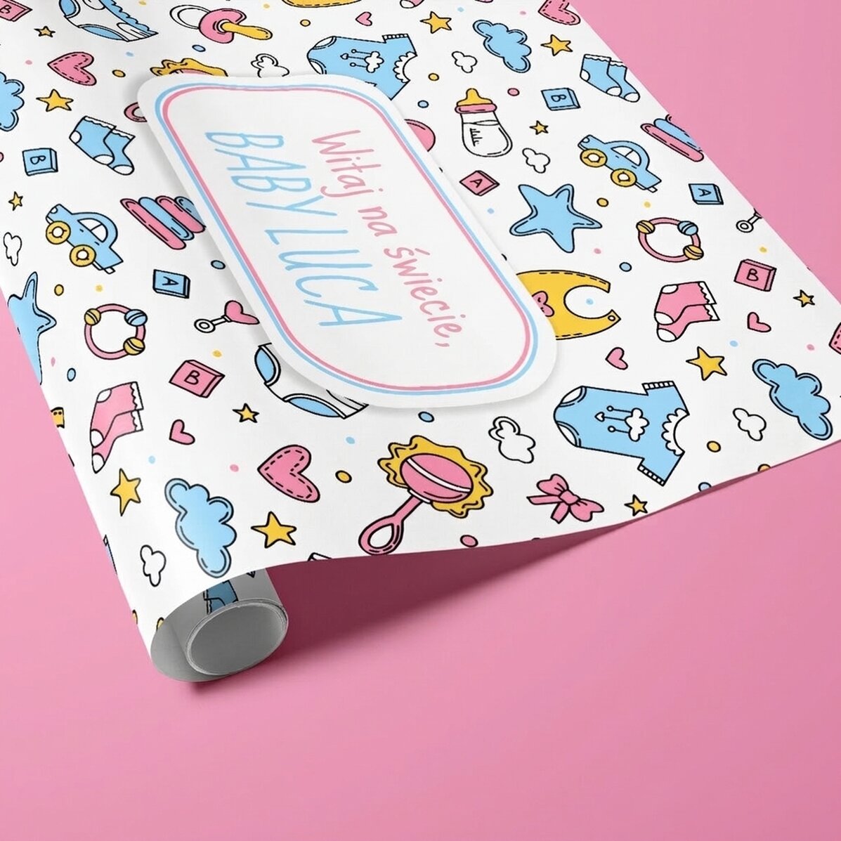 Papier do pakowania prezentów z indywidualnym napisem – „New baby”