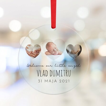 Okrągła ozdoba z indywidualnym napisem i zdjęciem – Newborn