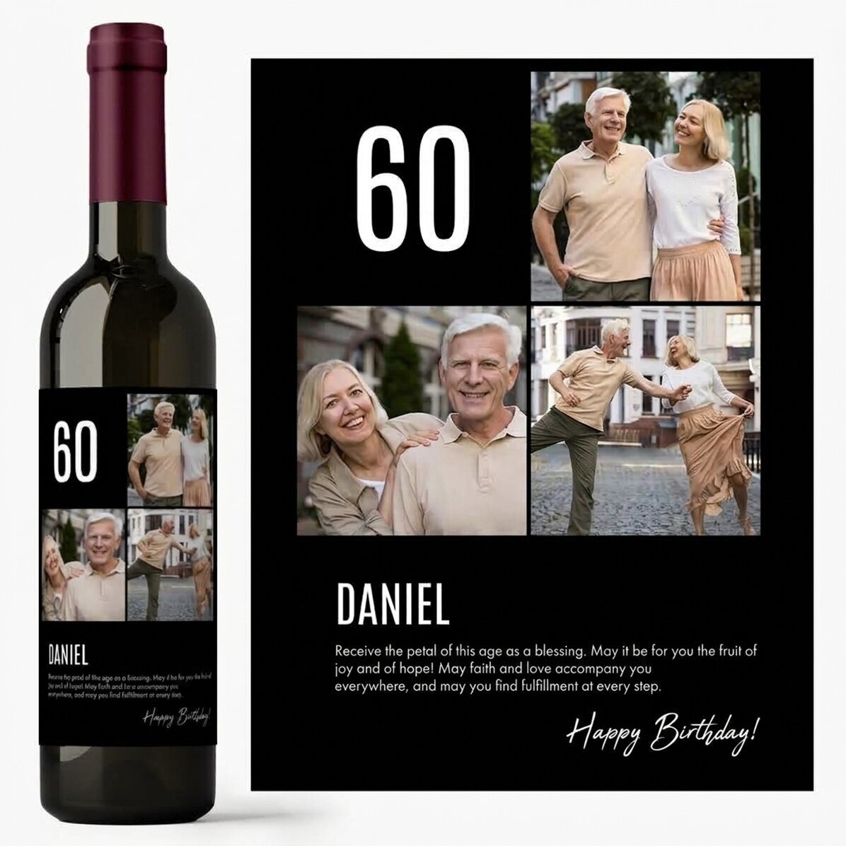 Wino z indywidualnym nadrukiem tekstu i 3 zdjęć na urodziny – 60
