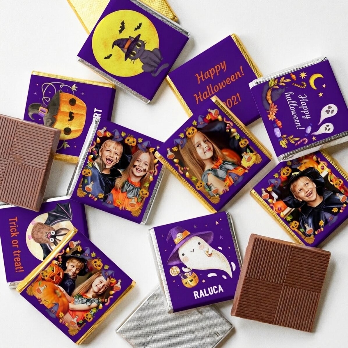 Set of 10 mini chocolates personalised with photos and text - Halloween