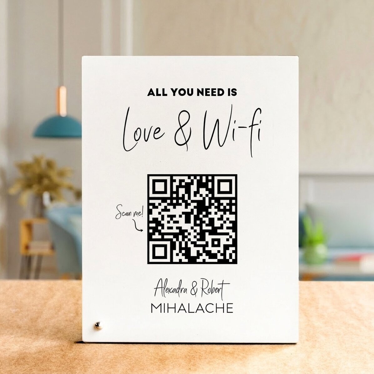 Personalised desk photo frame with text and QR code - Scan for Wifi (white background)