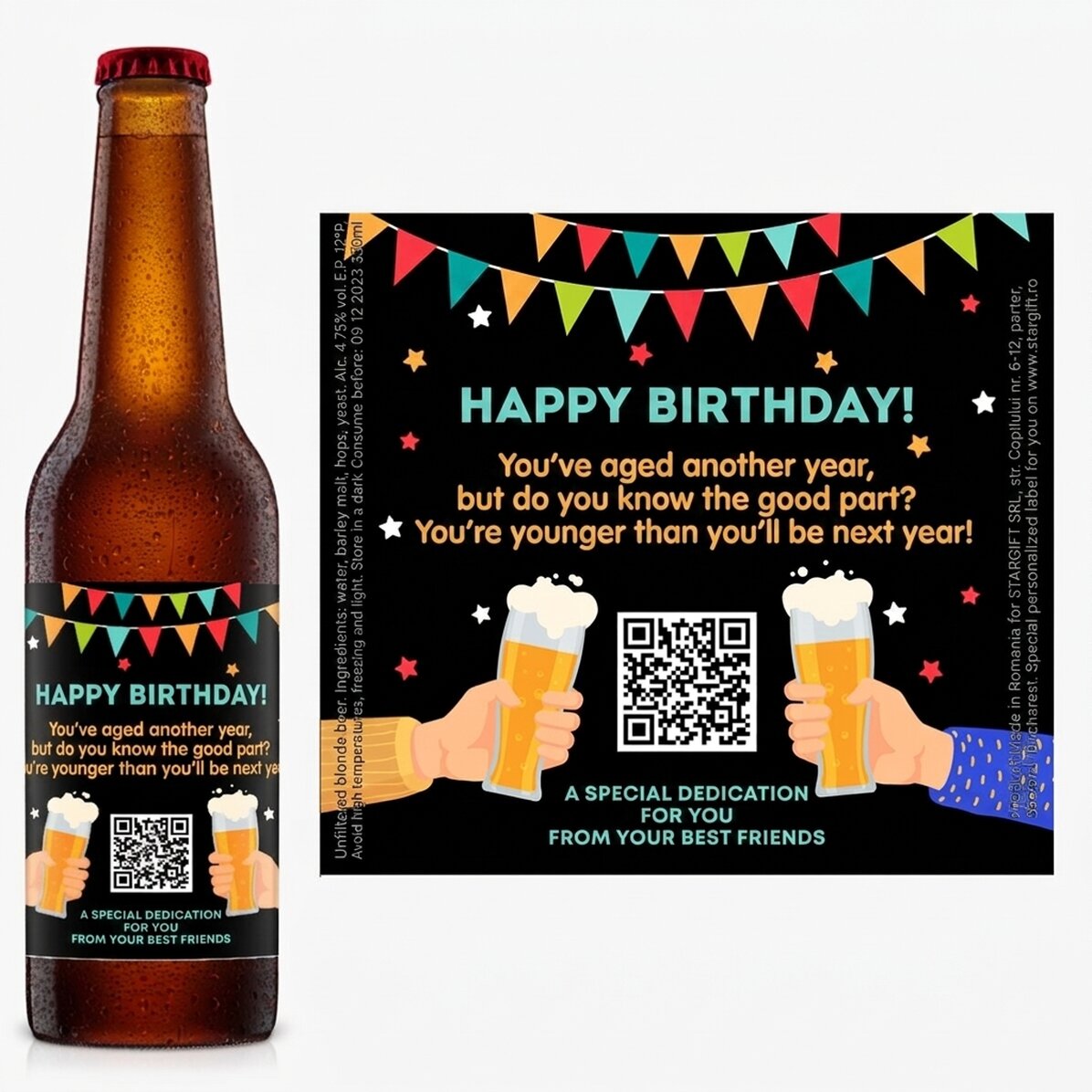 Piwo z indywidualnym nadrukiem zawierającym kod QR i napis – „Happy Birthday”