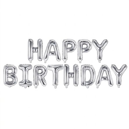 Zestaw balonów – „Happy Birthday” w kolorze srebrnym