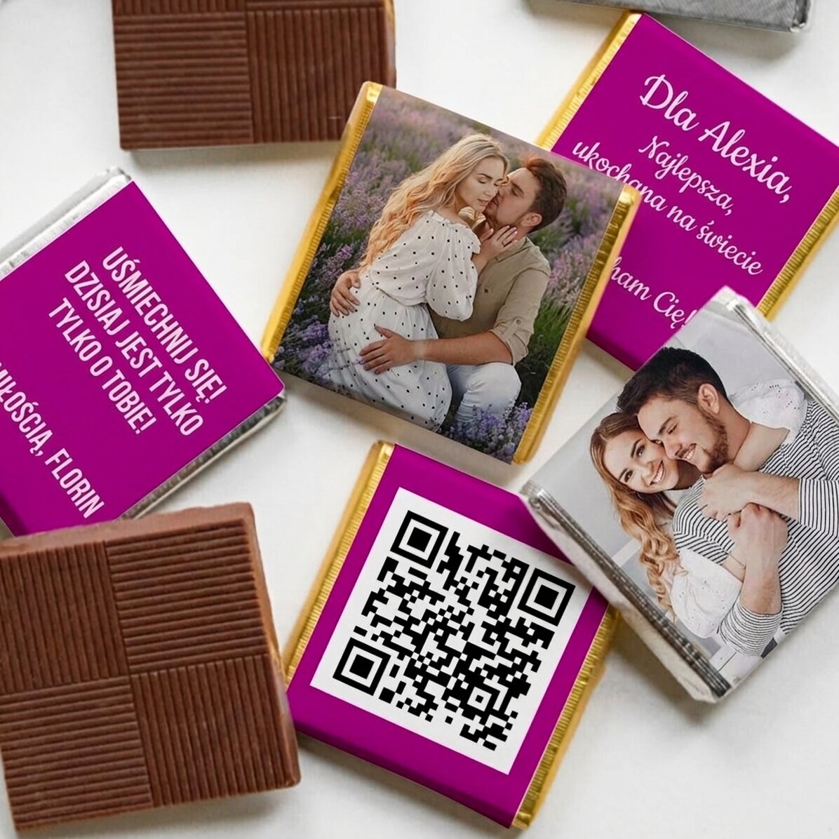 Zestaw 5 mini czekoladek z indywidualnym nadrukiem: zdjęciem, kodem QR i tekstem – dla bliskiej osob
