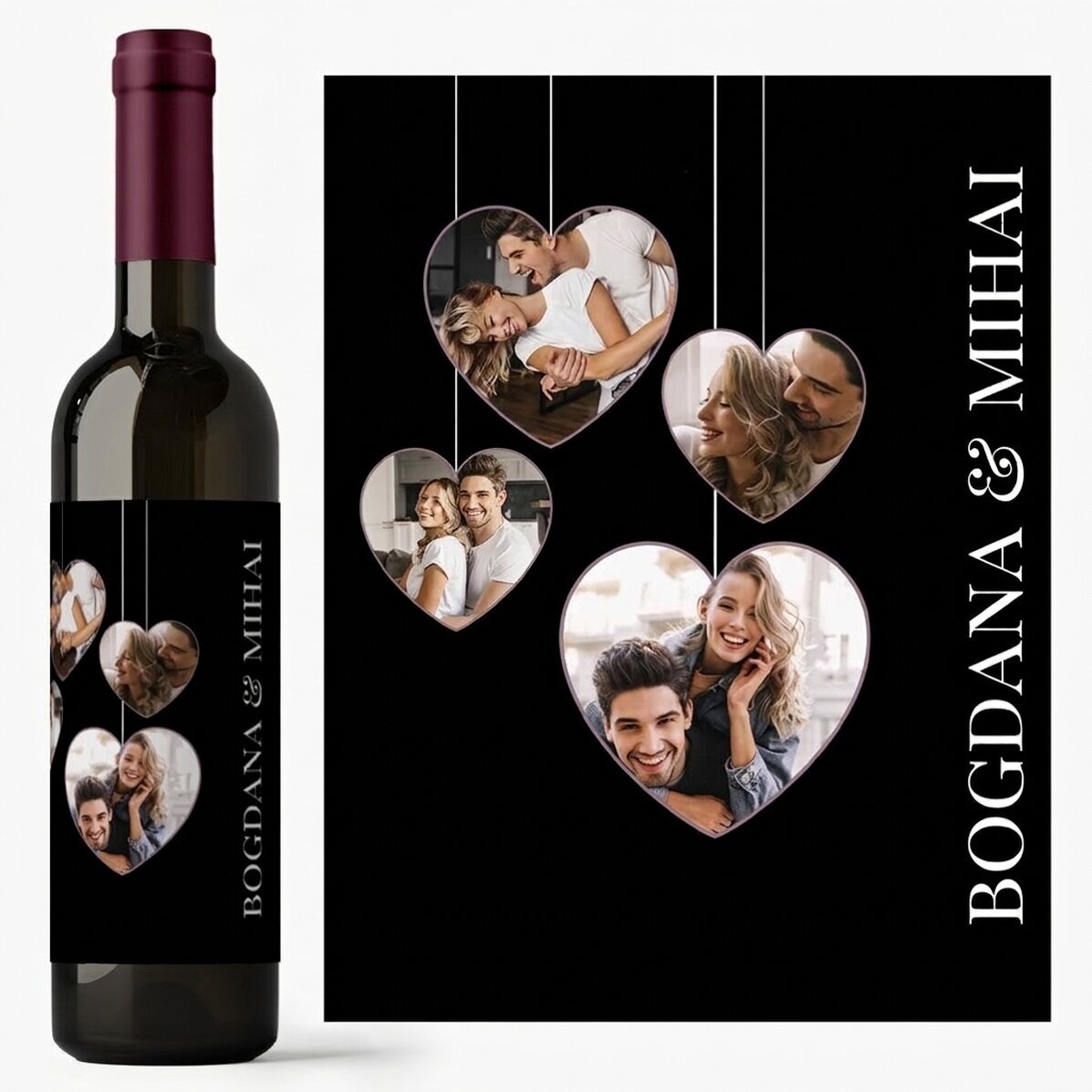 Wino z indywidualnym nadrukiem – 4 zdjęcia w kształcie serca dla pary
