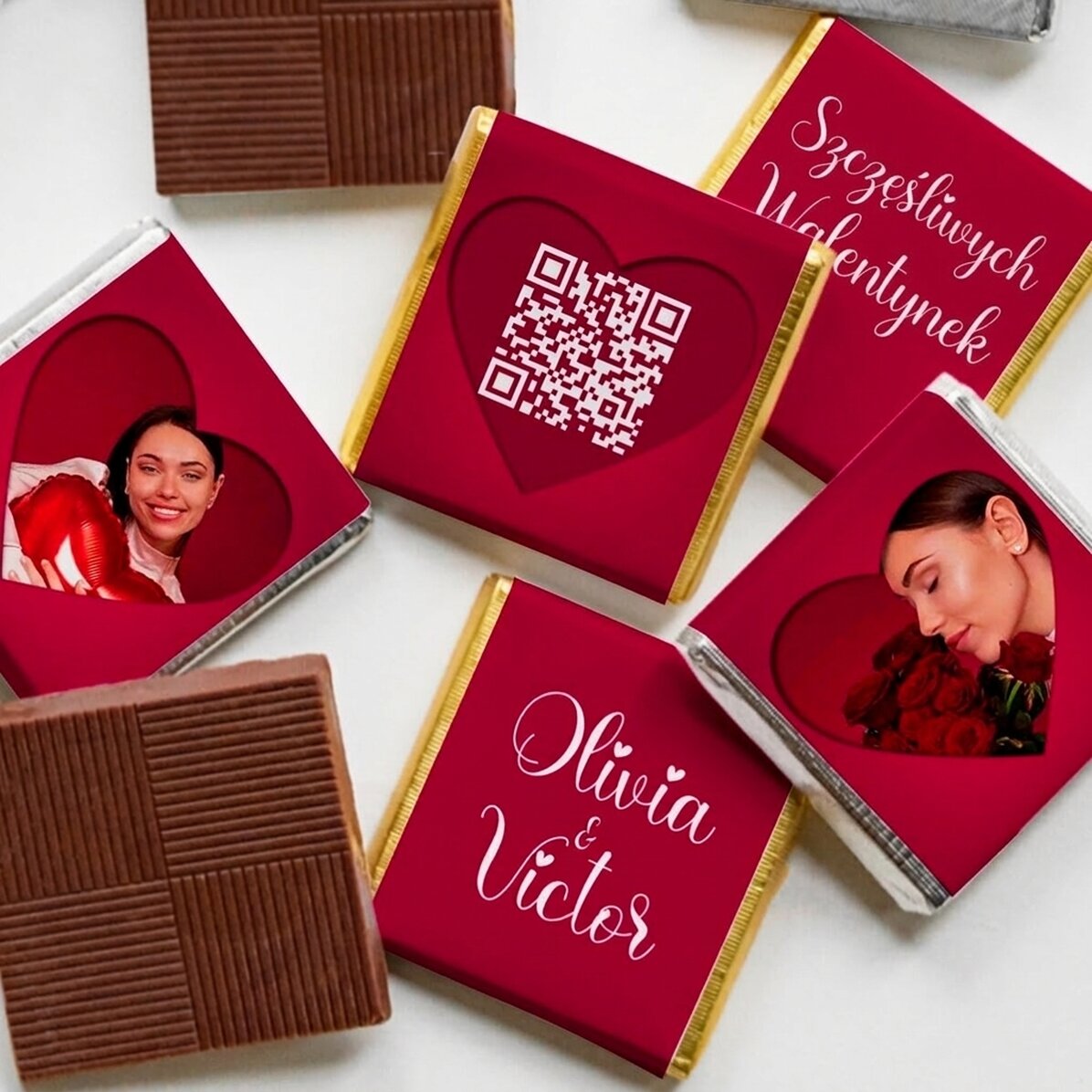 Zestaw 5 mini czekoladek z personalizowanymi zdjęciami, kodem QR i tekstem – Love