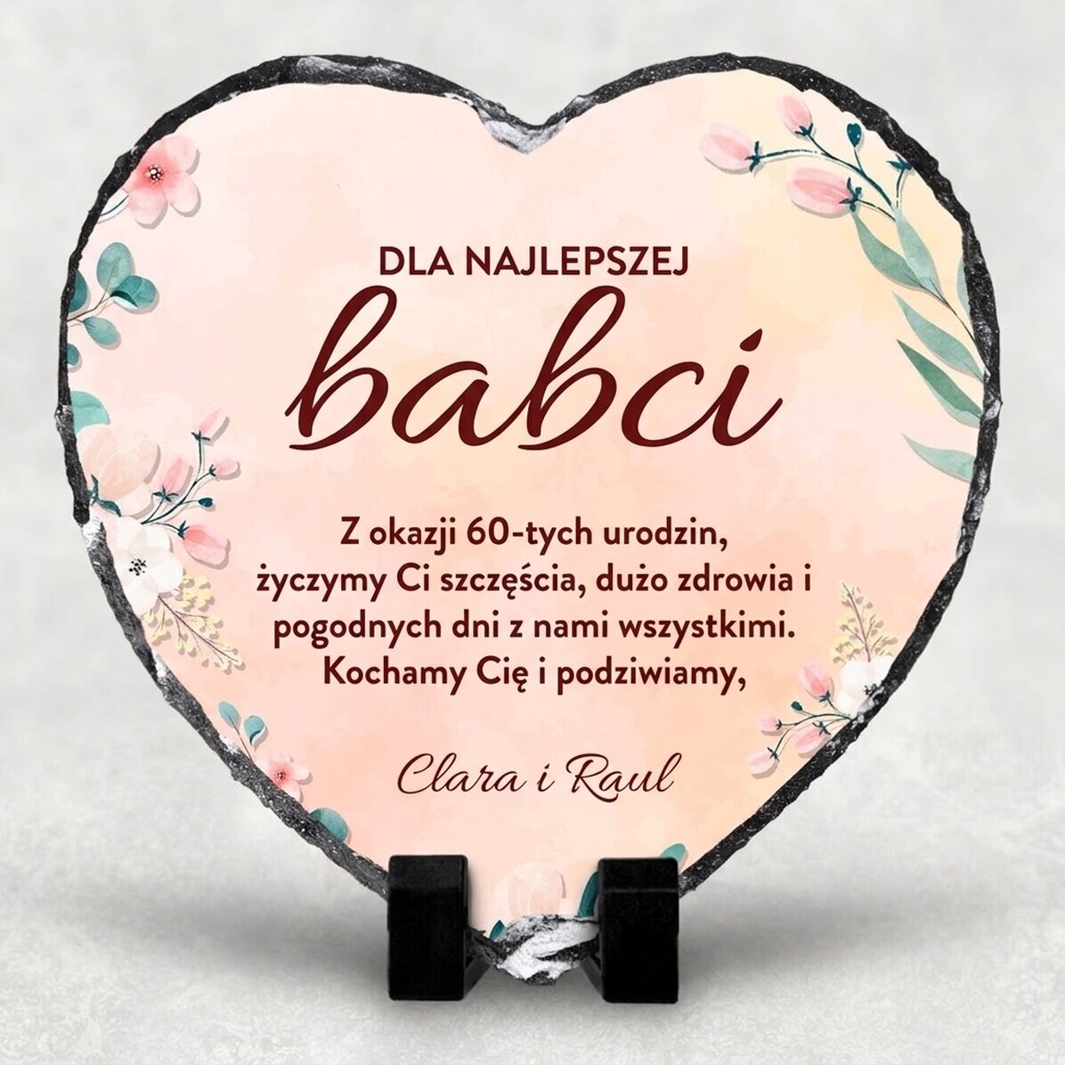 Spersonalizowana łupkowa tabliczka w kształcie serca z dedykacją dla babci