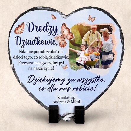 Spodek w kształcie serca z indywidualnym napisem i zdjęciem dla dziadków