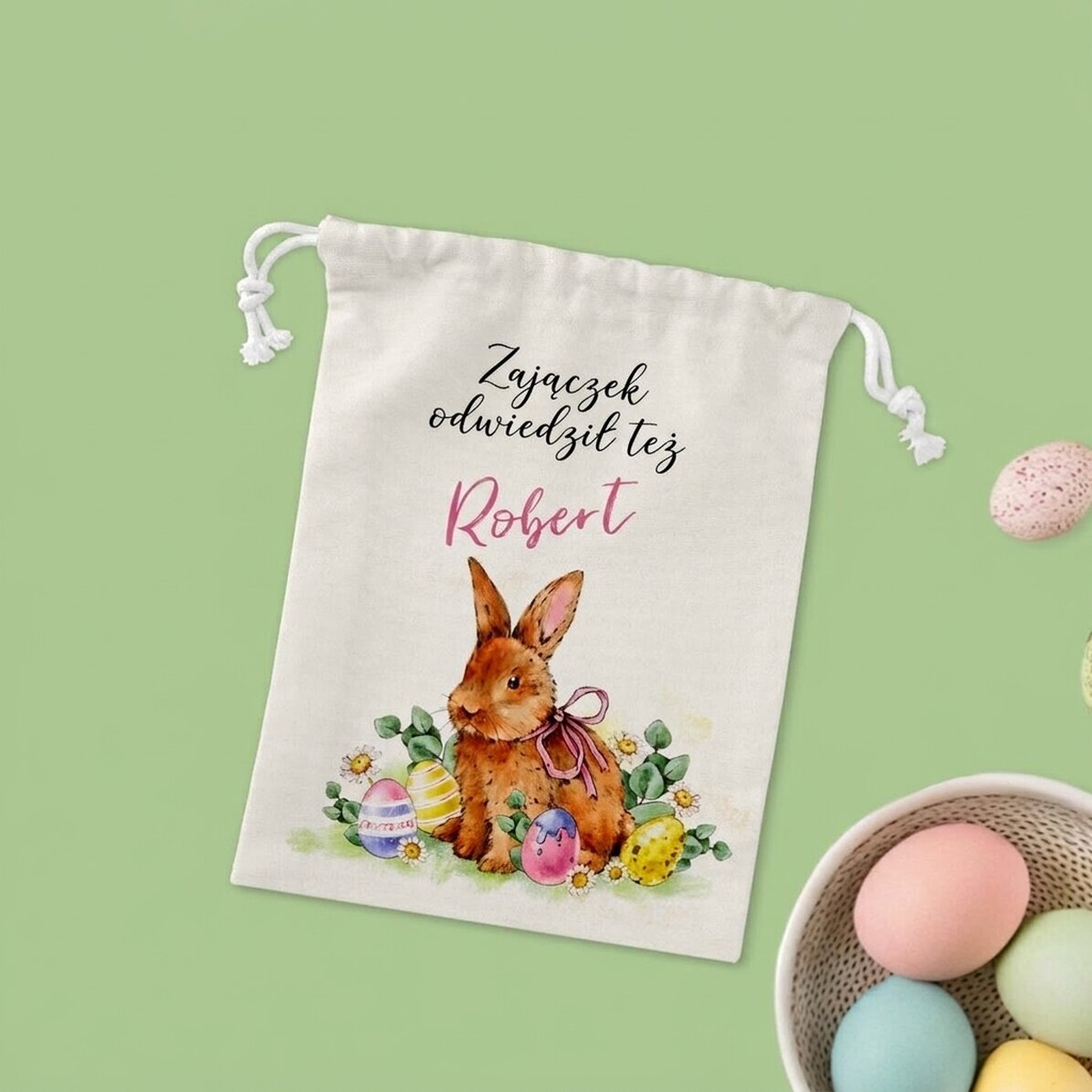 Mała torebka na prezenty z indywidualnym napisem – Zajączek wielkanocny