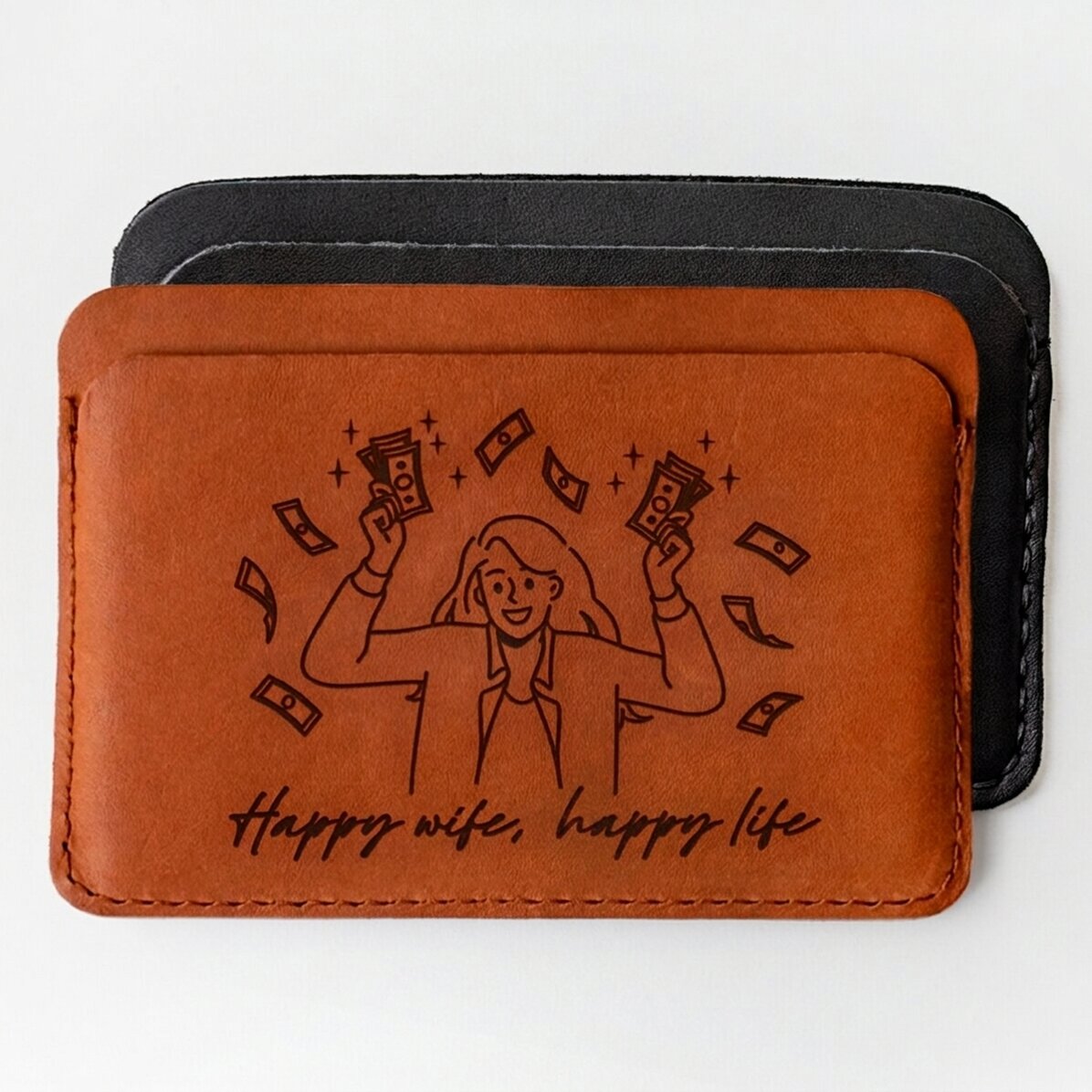 Spersonalizowany skórzany portfel z napisem – Happy wife, Happy life