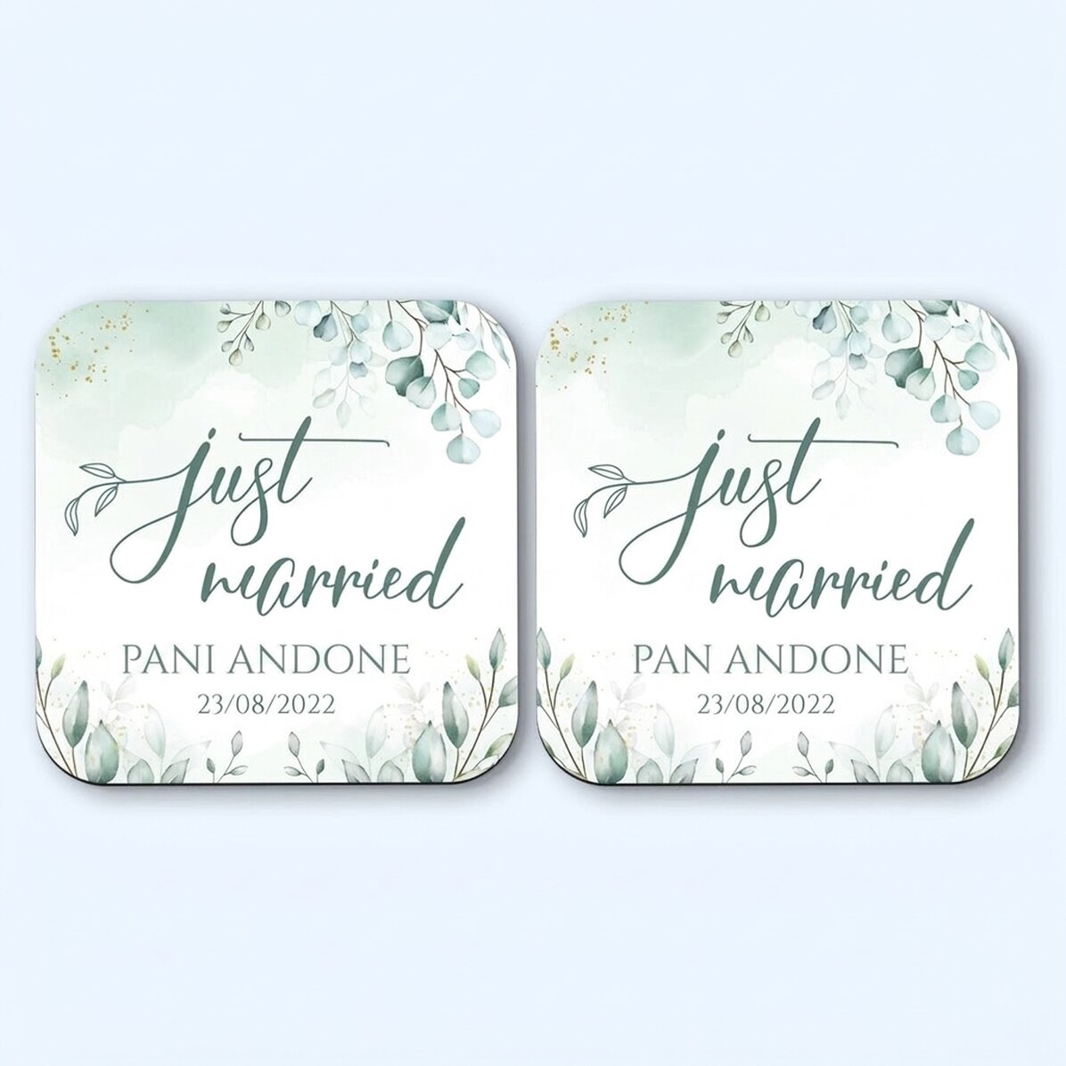 Zestaw 2 spody pod szklanki z indywidualnym napisem – Just Married Elegance