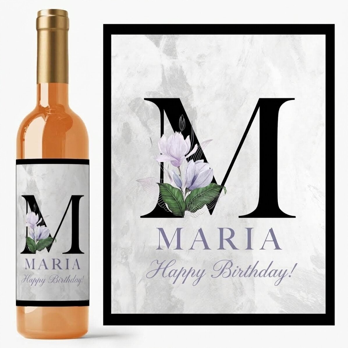 Wino z personalizacją: inicjał, imię i wiadomość – Floral