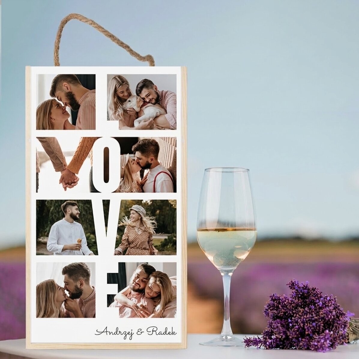 Pudełko na 2 butelki wina z 8 zdjęciami i dedykacją – LOVE