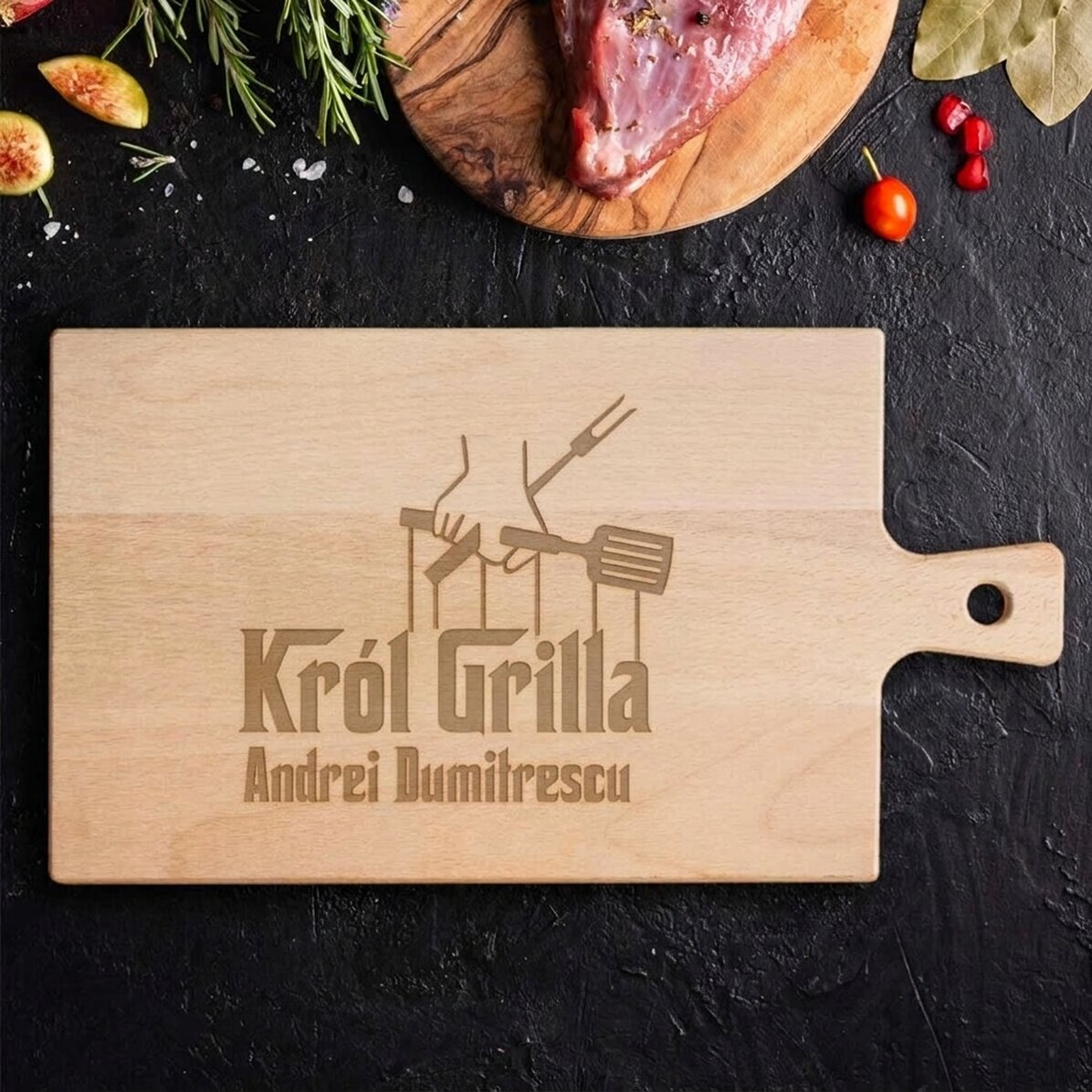 Spersonalizowana deska do krojenia klasy premium z uchwytem – The Grillfather 2