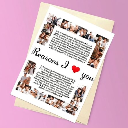 Spersonalizowana kartka z życzeniami z magnesem, zawierająca 20 zdjęć i tekst – „Reasons I love You”