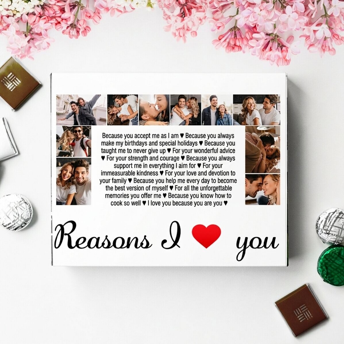 Spersonalizowane pudełko cukierków z 20 zdjęciami i napisem – „Reasons I love you”