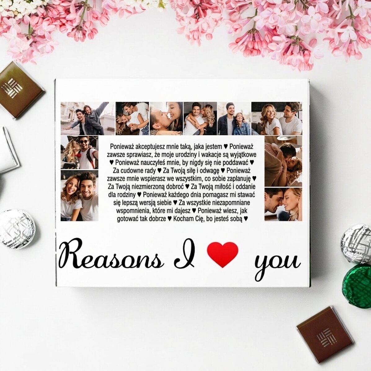 Spersonalizowane pudełko cukierków z 20 zdjęciami i napisem – „Reasons I love you”