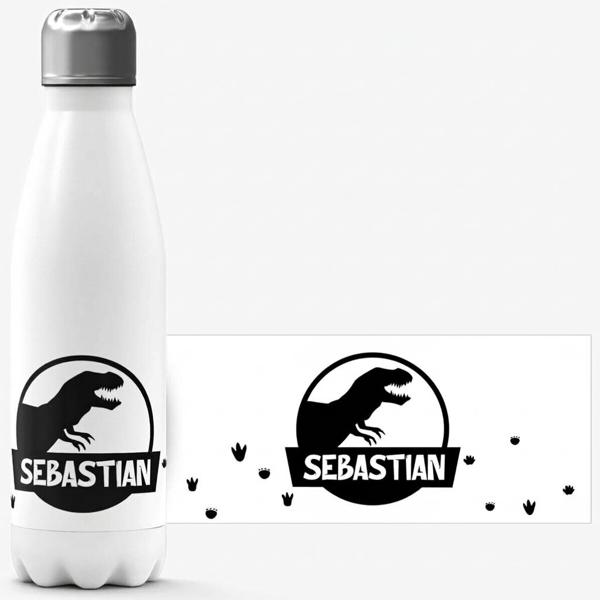 Termos z białą podstawą, spersonalizowany imieniem – czarny dinozaur T-Rex